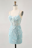 Blue Sequins Corset Short Tight Homecoming Dress with 3D Flowers