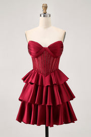 Burgundy A-Line Strapless Tiered Satin Homecoming Dress with Beading