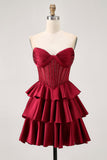 Burgundy A-Line Strapless Tiered Satin Homecoming Dress with Beading