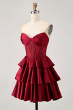 Burgundy A-Line Strapless Tiered Satin Homecoming Dress with Beading