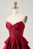 Burgundy A-Line Strapless Tiered Satin Homecoming Dress with Beading