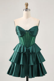 Dark Green Strapless Corset Tiered Satin Beaded Short A Line Homecoming Dress