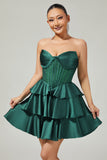 Dark Green Strapless Corset Tiered Satin Beaded Short A Line Homecoming Dress