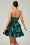 Dark Green Strapless Corset Tiered Satin Beaded Short A Line Homecoming Dress