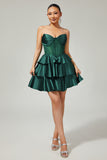 Dark Green Strapless Corset Tiered Satin Beaded Short A Line Homecoming Dress