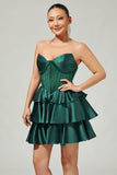 Dark Green Strapless Corset Tiered Satin Beaded Short A Line Homecoming Dress
