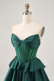 Green A Line Strapless Corset Tiered Beaded Short Homecoming Dress