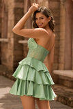 Green A Line Strapless Corset Tiered Beaded Short Homecoming Dress