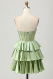 Green A Line Strapless Corset Tiered Beaded Short Homecoming Dress