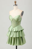 Green A Line Strapless Corset Tiered Satin Beaded Short Homecoming Dress