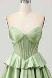 Green A Line Strapless Corset Tiered Satin Beaded Short Homecoming Dress