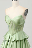 Green A Line Strapless Corset Tiered Satin Beaded Short Homecoming Dress