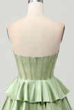 Green A Line Strapless Corset Tiered Satin Beaded Short Homecoming Dress