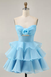 Cute A-Line Tiered Strapless Cut Out Blue Short Homecoming Dress