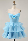 Cute A-Line Tiered Strapless Cut Out Blue Short Homecoming Dress
