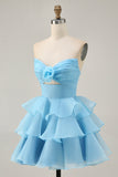 Cute Blush A Line Strapless Ruffled Homecoming Dress with 3D Flower