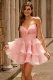Cute Blush A Line Strapless Ruffled Homecoming Dress with 3D Flower