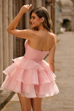 Cute Blush A Line Strapless Ruffled Homecoming Dress with 3D Flower