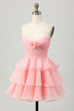 Blush A Line Tiered Strapless Cut Out Short Homecoming Dress with 3D Flower