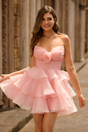 Cute Blush A Line Strapless Ruffled Homecoming Dress with 3D Flower