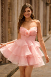 Cute Blush A Line Strapless Ruffled Homecoming Dress with 3D Flower