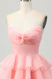 Blush A Line Tiered Strapless Cut Out Short Homecoming Dress with 3D Flower