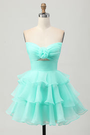 Green Tiered Strapless A Line Cut Out Short Homecoming Dress