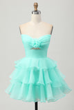 Green Tiered Strapless A Line Cut Out Short Homecoming Dress
