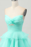 Green Tiered Strapless A Line Cut Out Short Homecoming Dress