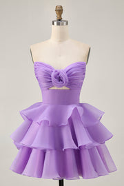 Tiered Cute A-Line Strapless Cut Out Purple Homecoming Dress