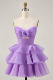 Tiered Cute A-Line Strapless Cut Out Purple Homecoming Dress
