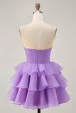 Tiered Cute A-Line Strapless Cut Out Purple Homecoming Dress