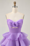 Tiered Cute A-Line Strapless Cut Out Purple Homecoming Dress