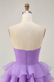 Tiered Cute A-Line Strapless Cut Out Purple Homecoming Dress