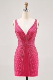 Fuchsia Bodycon V Neck Backless Short Homecoming Dress with Beading