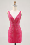 Fuchsia Bodycon Beaded Backless Short Homecoming Dress