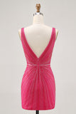 Fuchsia Bodycon Beaded Backless Short Homecoming Dress