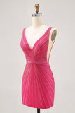 Fuchsia Bodycon V Neck Backless Short Homecoming Dress with Beading