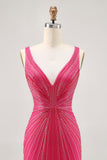 Fuchsia Bodycon V Neck Backless Short Homecoming Dress with Beading
