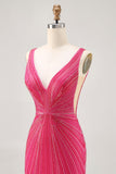 Fuchsia Bodycon V Neck Backless Short Homecoming Dress with Beading