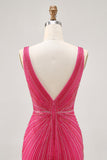Fuchsia Bodycon V Neck Backless Short Homecoming Dress with Beading
