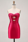 Burgundy Strapless Bodycon Satin Cut Out Short Homecoming Dress with Beading