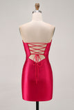 Burgundy Strapless Bodycon Satin Cut Out Short Homecoming Dress with Beading