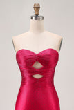 Burgundy Strapless Bodycon Satin Cut Out Short Homecoming Dress with Beading