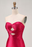 Burgundy Strapless Bodycon Satin Cut Out Short Homecoming Dress with Beading