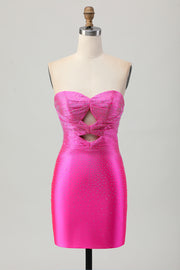 Strapless Fuchsia Tight Satin Cut Out Short Homecoming Dress with Beading