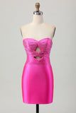Fuchsia Strapless Cut Out Tight Satin Short Homecoming Dress with Beading