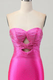 Strapless Fuchsia Tight Satin Cut Out Short Homecoming Dress with Beading
