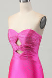Strapless Fuchsia Tight Satin Cut Out Short Homecoming Dress with Beading