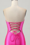 Strapless Fuchsia Tight Satin Cut Out Short Homecoming Dress with Beading